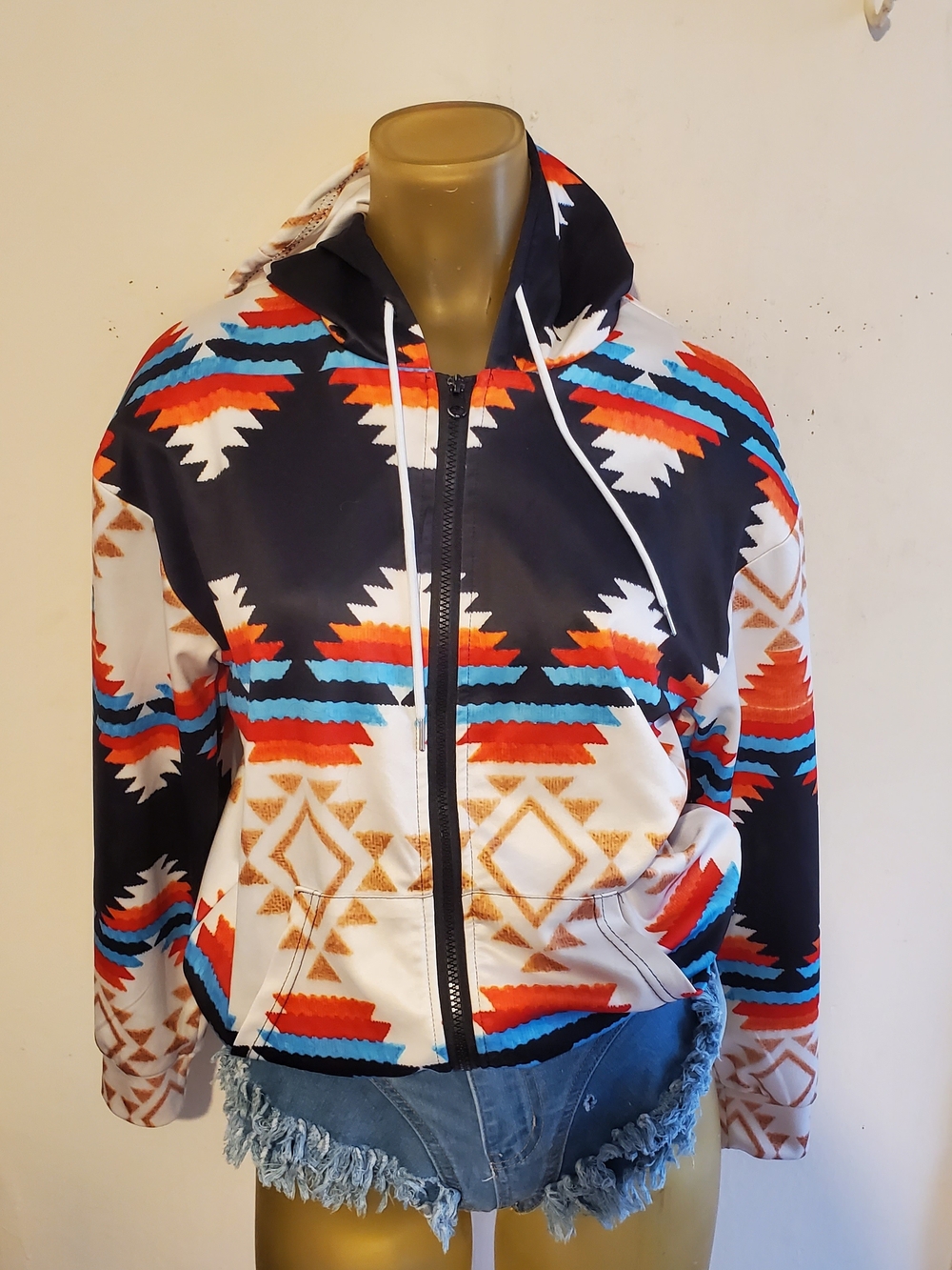 Tribal Print Zip-Up Hoodie Jacket - Multicolor